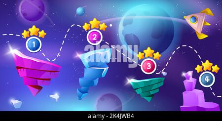 Space game level background with crystal platforms, flying rocket and alien planet. Vector cartoon illustration of cosmos landscape with blue galaxy sky, stages with stars for gui interface. Stock Vector