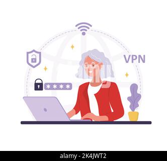 VPN Technology. Elderly woman using app for protect personal data. Cyber security. Virtual private network connection. Modern software for remote Stock Vector