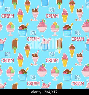 Summer seamless pattern with cartoon bright ice cream, popsicle, strawberry, chocolate. Wrapping paper, fabric, wallpaper design. Sweet summer food. V Stock Vector