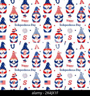 4th of July. Vector seamless pattern with patriotic gnomes holding firecracker, American flags and letters USA. Festive characters for wrapping paper, Stock Vector