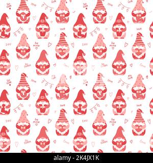 Valentine s Day Seamless pattern with cute cartoon gnomes holding hearts. Pink dwarfs characters and handwritten words. Color vector illustration on w Stock Vector