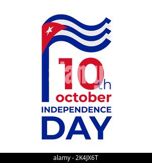 October 10, cuba independence day. Greeting card. Vector template with cuban wavy flag in simple concise style, icon. National holiday Cuba. October Stock Vector