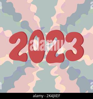 2023 numbers on abstract background. New Year 2023 lettering vintage groovy card. Vector illustration in trendy retro design. Trippy 60s 70s positive Stock Vector