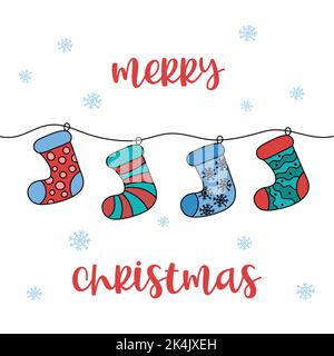 Funny Merry Christmas card. Hanging xmas socks. Vector cute colorful doodles. Outline hand drawn illustrations of isolated festive stockings for gifts Stock Vector