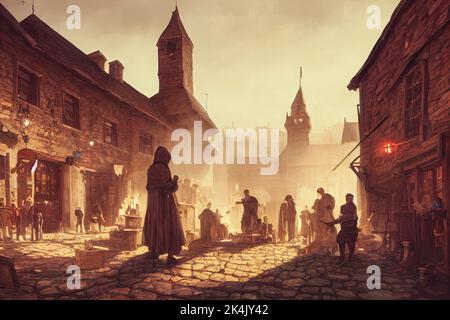 A 3D rendering of main square in a medieval town Stock Photo - Alamy