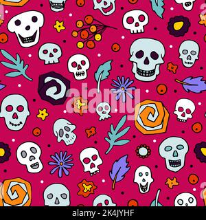 Doodle Halloween sculls, flowers seamless pattern. Skeleton, plant on pink background. Hand-drawn el dia de los Muertos. Mystical character. Vector il Stock Vector