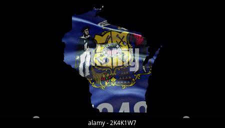 Wisconsin state map with waving flag. Alpha channel background. Stock Photo