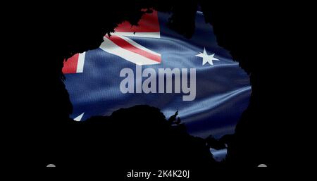 Australia map shape with waving flag background. Alpha channel outline of country. Stock Photo