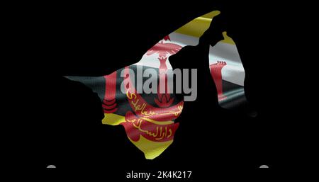 Brunei map shape with waving flag background. Alpha channel outline of country. Stock Photo