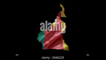 Cameroon map shape with waving flag background. Alpha channel outline of country. Stock Photo