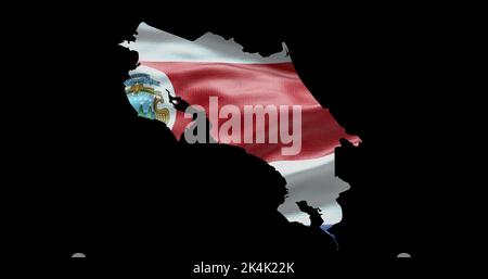 Costa Rica map shape with waving flag background. Alpha channel outline of country. Stock Photo