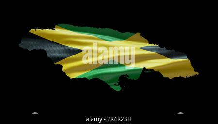 Jamaica map shape with waving flag background. Alpha channel outline of country. Stock Photo