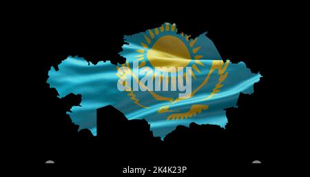 Kazakhstan map shape with waving flag background. Alpha channel outline of country. Stock Photo