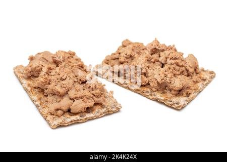Crispy Sandwich with Chicken Pate Isolated on White Background. Whole Grain Bread with Liver Pate. Diet Breakfast and Healthy Food Stock Photo