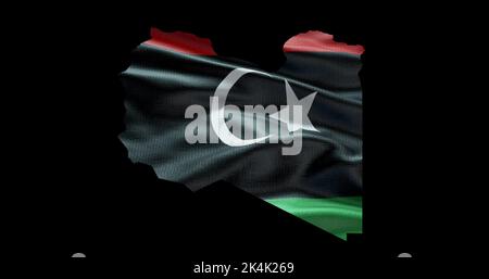 Libya map shape with waving flag background. Alpha channel outline of country. Stock Photo