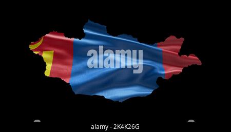 Mongolia map shape with waving flag background. Alpha channel outline of country. Stock Photo