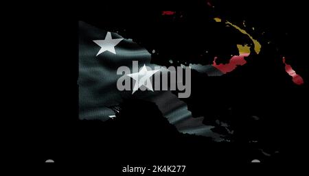 Papua New Guinea map shape with waving flag background. Alpha channel outline of country. Stock Photo