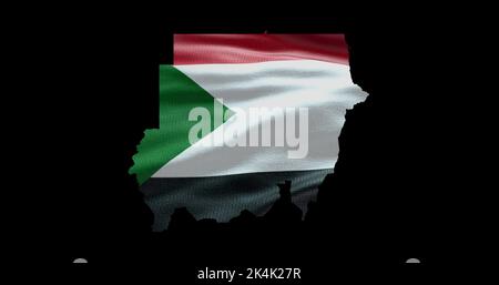 Sudan map shape with waving flag background. Alpha channel outline of country. Stock Photo
