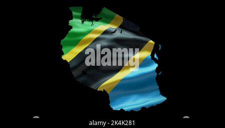 Tanzania map shape with waving flag background. Alpha channel outline of country. Stock Photo