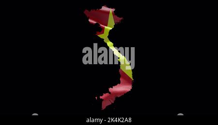 Vietnam map shape with waving flag background. Alpha channel outline of country. Stock Photo