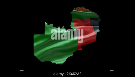 Zambia map shape with waving flag background. Alpha channel outline of country. Stock Photo