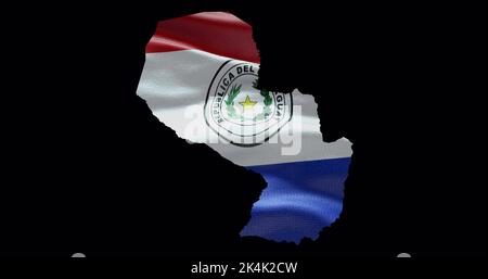 Paraguay map shape with waving flag background. Alpha channel outline of country. Stock Photo