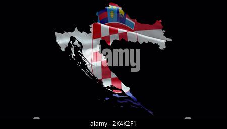 Croatia map shape with waving flag background. Alpha channel outline of country. Stock Photo