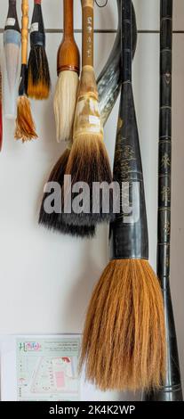 Malaysia, July 10, 2022 - Fancy artist brushes hanging for sale in art store. Stock Photo