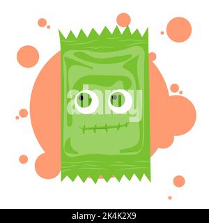 Halloween Emoji of candy monster frankenstein. Smile and naughty face . Trick or treat. Vector illustration for greeting card, ad, promotion, poster Stock Vector