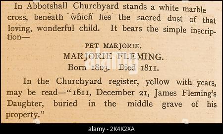 A 1904 description of the grave of Marjorie Fleming (child literary genius Marjory or Marjorie, Fleming  (1803-1811) - family nickname Maidie at Abbotshall, scotland Stock Photo