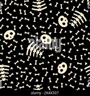 Cartoon funny skulls and bones Halloween seamless pattern on dark background Stock Vector