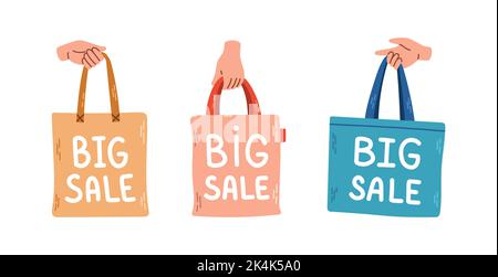 Hand with shopping bag set big sale vector Stock Vector