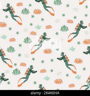 Vector seamless pattern witha diver, algae and starfish .Underwater cartoon creatures.Marine background.Cute ocean pattern for fabric, childrens Stock Vector