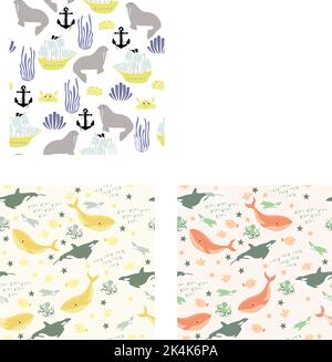 Vector seamless pattern with fish,penguin,whale,killer whale, octopus.Underwater cartoon creatures.Marine background.Cute ocean pattern for fabric Stock Vector