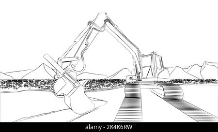 Excavator outline on field with flowers and mountains behind isolated. Excavator bucket on ground and caterpillar tracks. Vector design element. Stock Vector