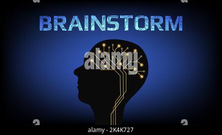 Word brainstorm and silhouette of human head with digital brain on dark blue background. Concept of finding new solutions and brainstorming. Vector il Stock Vector