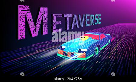 Virtual Reality inscription perforated with PCB tracks and futuristic car driving on digital road on purple background. Vector illustration in perspec Stock Vector