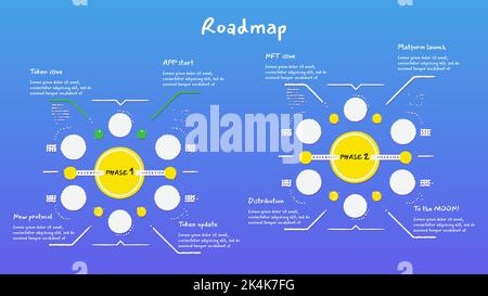 Circular roadmap in cartoon style with abstract circles and lines on blue background. Infographic timeline template for business presentation. Vector Stock Vector