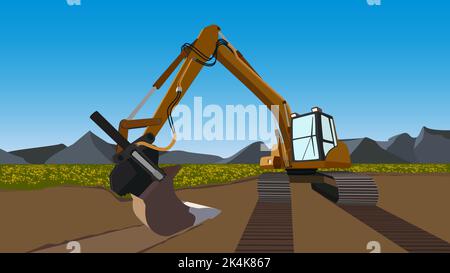 Color excavator on field with flowers and mountains behind with blue sky. Excavator bucket on ground and caterpillar tracks. Vector illustration. Stock Vector