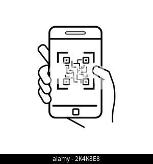 QR code icon. Hand holds smartphone with scannable identity application Stock Vector