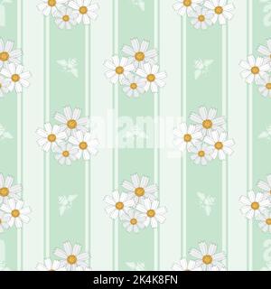 Chamomile and bees seamless vector pattern background. Flora and fauna repeat with bunches of herbal flower heads and insects on green striped Stock Vector