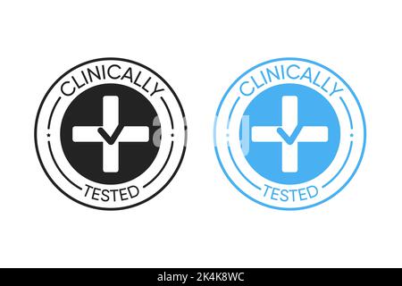 Clinically tested label. Medical black and blue sticker of approved certification Stock Vector