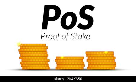 Black text PoS Proof of Stake with stacks of coins with shadows isolated on white background. Vector design element. Stock Vector