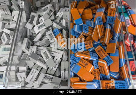 Kazan, Russia. September 22, 2022. Many different erasers. Sales of office supplies in the store. Koh-I-Noor and Brauberg erasers Stock Photo