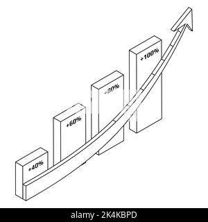 Up arrow with percentage bars isometric outline isolated on white. Vector design element. Stock Vector