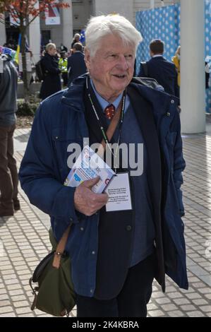 Centenary Square, Birmingham - October 3rd 2022 - Stanley Johnson, Father of Boris Johnson, arrives at the Conservative Party Conference in Birmingham at the International Convention Centre and Centenary Square. Pic Credit: Scott CM/Alamy Live News Stock Photo