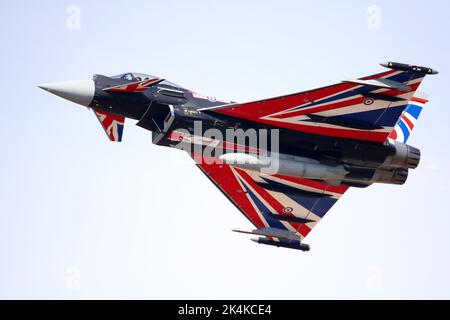 Fairford, UK. 16th July, 2022. Military aircraft from across the globe on display for the RIAT Royal International Air Tattoo. The RAF fielded a Typhoon Eurofighter with a special livery Stock Photo