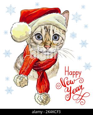 Christmas card with funny bengal cat portrait wearing in christmas hat and scarf, snowflakes and lettering Happy new year. Vector illustration. For de Stock Vector