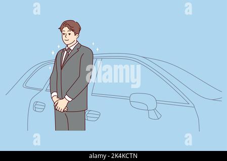 Car driver in suit standing near car waiting for client. Chauffeur in formalwear working in luxury automobile company. Good quality service. Vector illustration.  Stock Vector