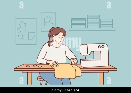 Female dressmaker or seamstress working on sewing machine in workshop. Smiling woman sewing sitting on table. Hobby and design. Vector illustration.  Stock Vector